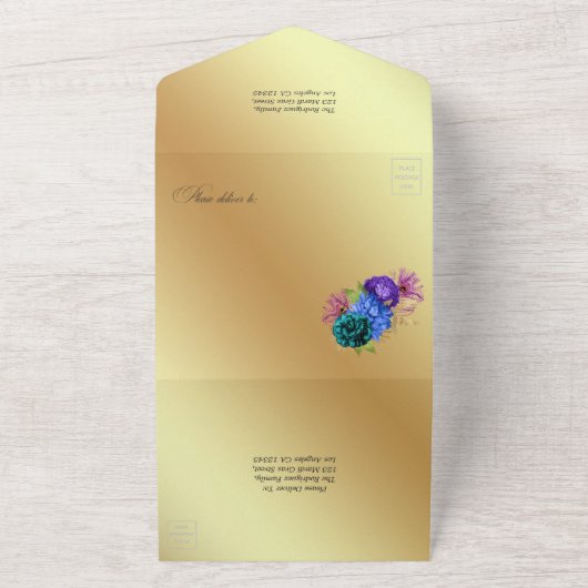 Mardi Gras Waterverf Floral Quinceañera All In One Uitnodiging (Buitenkant)