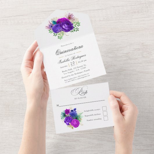 Mardi Gras Waterverf Floral Quinceañera All In One Uitnodiging (Afscheurbaar)