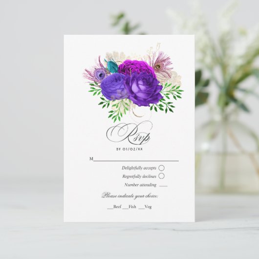 Mardi Gras Waterverf Floral Quinceañera RSVP Kaartje (Staand voorkant)