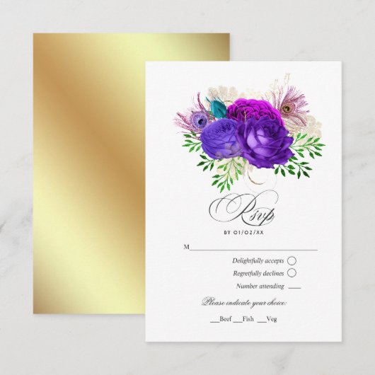 Mardi Gras Waterverf Floral Quinceañera RSVP Kaartje (Voorkant / Achterkant)
