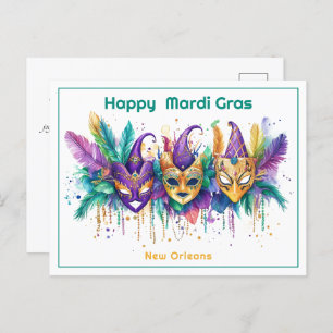 💚💜💛 Mardi Gras waterverf Masked Mischief Maker Briefkaart