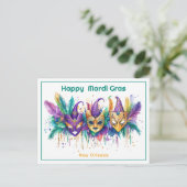 💚💜💛 Mardi Gras waterverf Masked Mischief Maker Briefkaart (Staand voorkant)