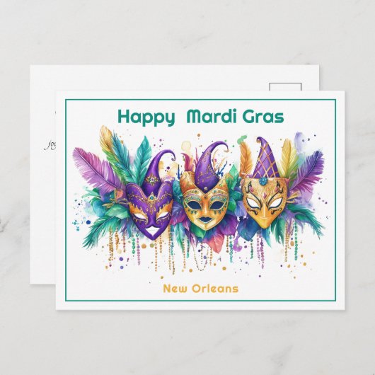 💚💜💛 Mardi Gras waterverf Masked Mischief Maker Briefkaart (Voorkant / Achterkant)