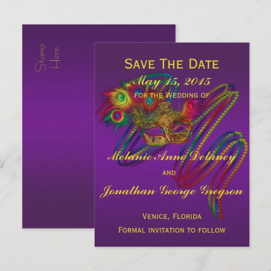 Mardi Gras Wedding SAVE THE DATE Briefkaarten (Voorkant / Achterkant)