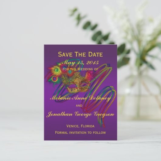 Mardi Gras Wedding SAVE THE DATE Briefkaarten (Staand voorkant)