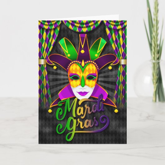 Mardi Gras Wenskaart, Mardi Gras Jester Masker Kaart (Voorkant)