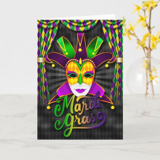 Mardi Gras Wenskaart, Mardi Gras Jester Masker Kaart (Gele Bloem)