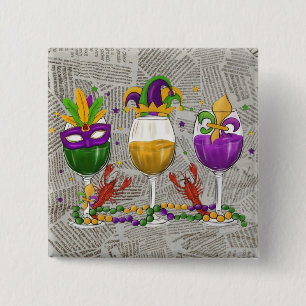 Mardi Gras wijnglazen en rivierkreeften Vierkante Button 5,1 Cm