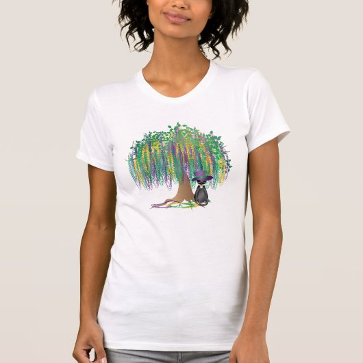 Mardi Gras Womens' t-shirt met kleurrijke boomkat (Voorkant)