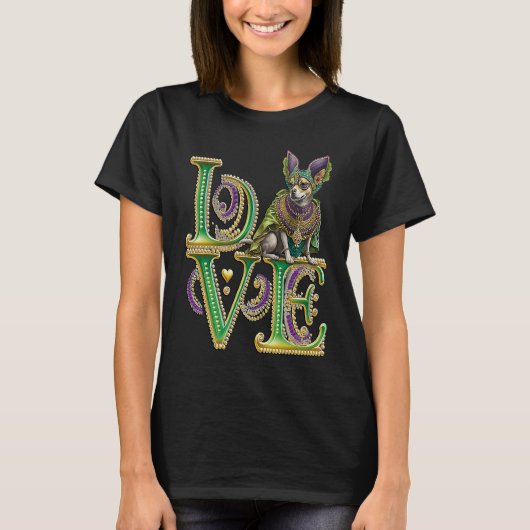 Mardi Gras Word LOVE Chihuahua Masquerade T-shirt (Voorkant)