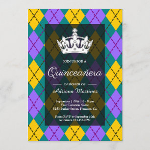 Mardi Gras Yellow Paars Argyle Crown Quinceanera Kaart
