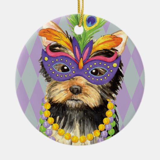 Mardi Gras Yorkie Keramisch Ornament (Voorkant)