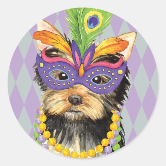Mardi Gras Yorkie Ronde Sticker (Voorkant)