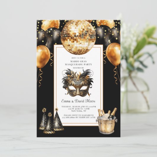 Mardi Gras Zwart Goud Glitter Kaart (Staand voorkant)