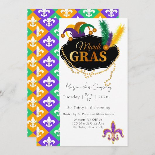 Mardi Grass Fleur de Lis Company Party Uitnodiging (Voorkant / Achterkant)