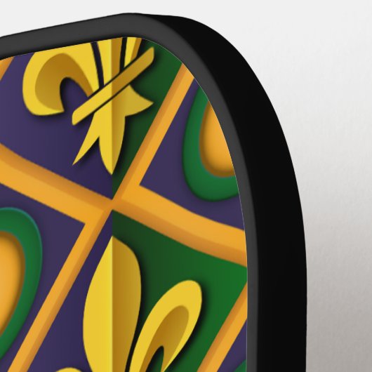 Mardi grass pattern with golden fleur-de-lis pickleball paddle (Links Detail)