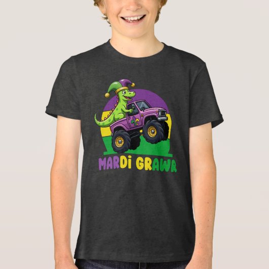 Mardi Grawr Monster Truck Dinosaur Mardi Gras Tri-Blend Shirt (Voorkant)