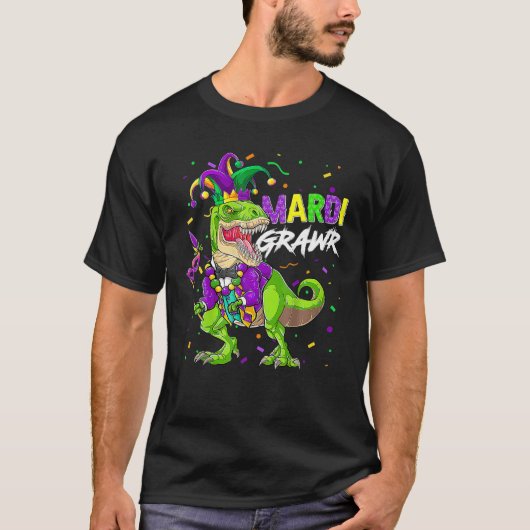 Mardi Grawr T Rex Dinosaur Mardi Gras Bead Costume T-shirt (Voorkant)