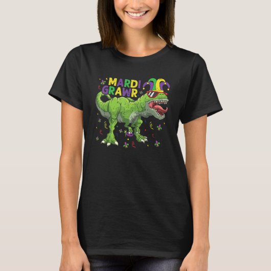 Mardi Grawr T Rex Dinosaur Mardi Gras Bead T-shirt (Voorkant)