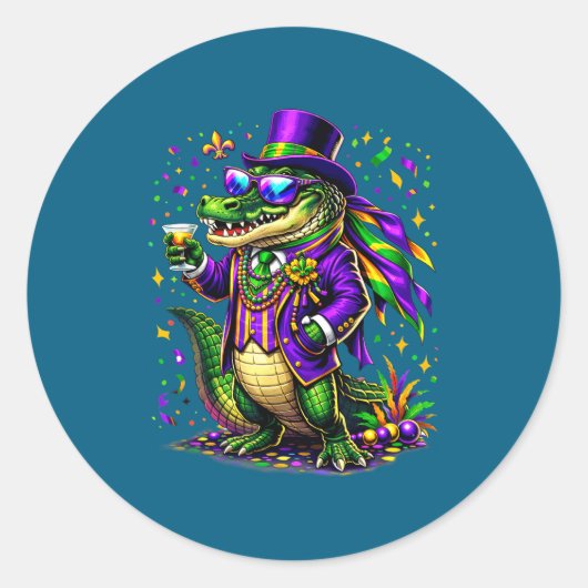 Mardigator Mardi Gras Alligator Grappig Ronde Sticker (Voorkant)