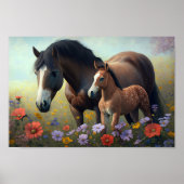 Mare and Foal in a Field of Flowers Poster (Voorkant)
