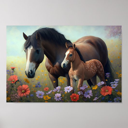 Mare and Foal in a Field of Flowers Poster (Voorkant)