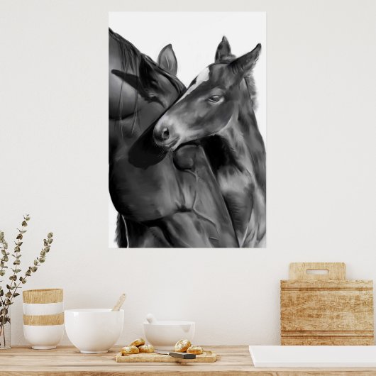 Mare en Foal in zwart-wit Poster (Keuken)