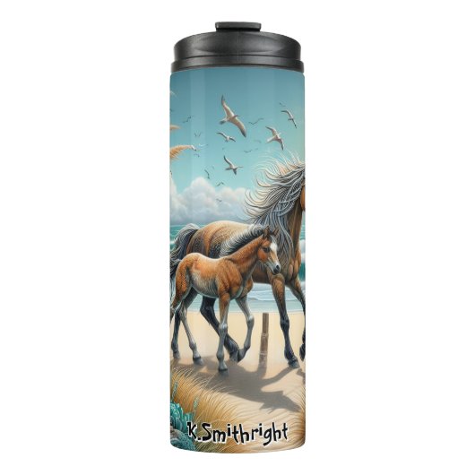 Mare en Foal op het strand Thermosbeker (Voorkant)