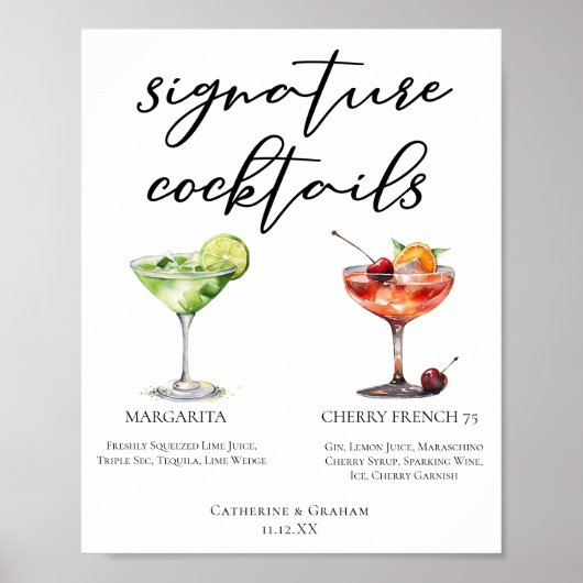 Margarita Cherry French 75 Huwelijkscocktails Menu Poster (Voorkant)