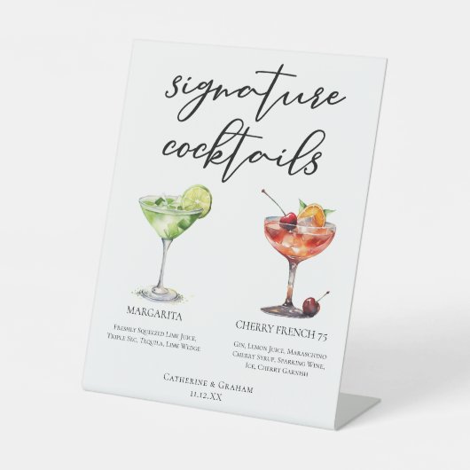 Margarita Cherry French 75 Huwelijkscocktails Menu Reclamebord Met Voetstuk (Voorkant)