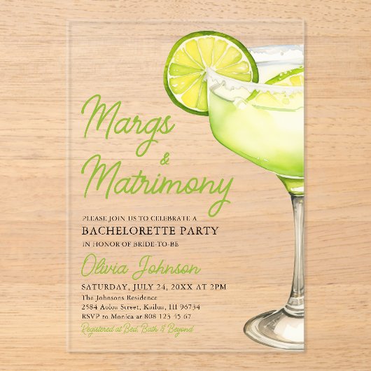 Margarita Margs & Huwelijkscocktail Bachelorette Acryl Uitnodigingen (Voorkant)