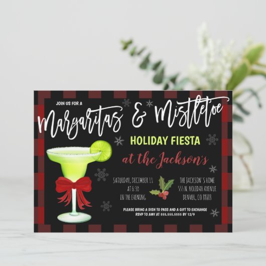 Margaritas en Mistletoe-kerstuitnodiging Kaart (Staand voorkant)