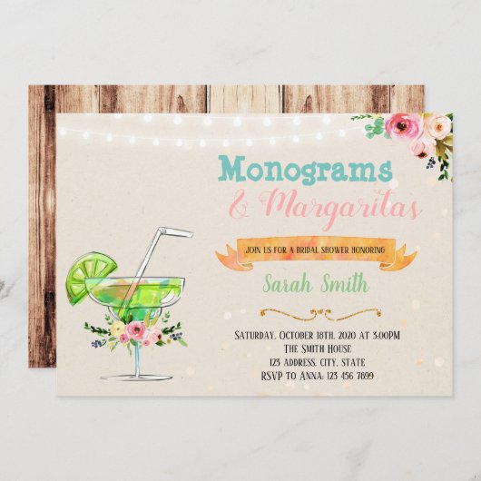 Margaritas en monogrammen partijuitnodiging kaart (Voorkant / Achterkant)