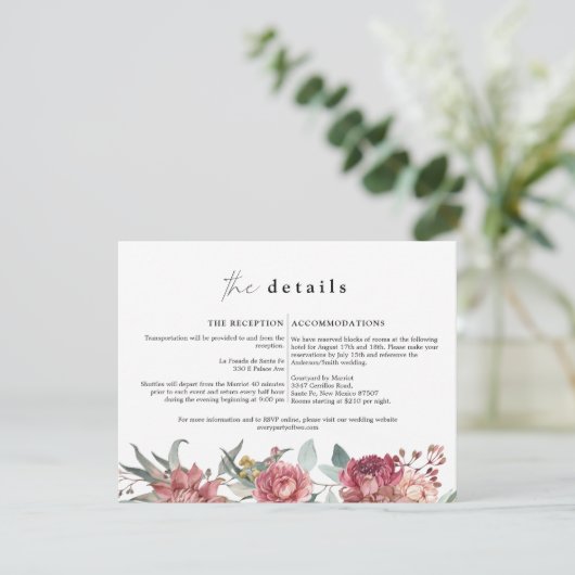 MARGOT Dusty Roos Blush Floral Wedding Detail Card Kaart (Staand voorkant)