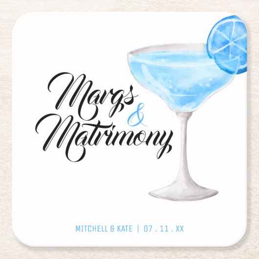 Margs & Matrimony Blauwe Bruidsmeisjesborrel Kartonnen Onderzetters (Voorkant)