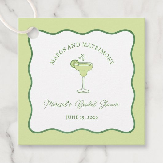 "Margs & Matrimony" Lime Margarita Bruiloft Feest Bedankjes Labels (Voorkant)