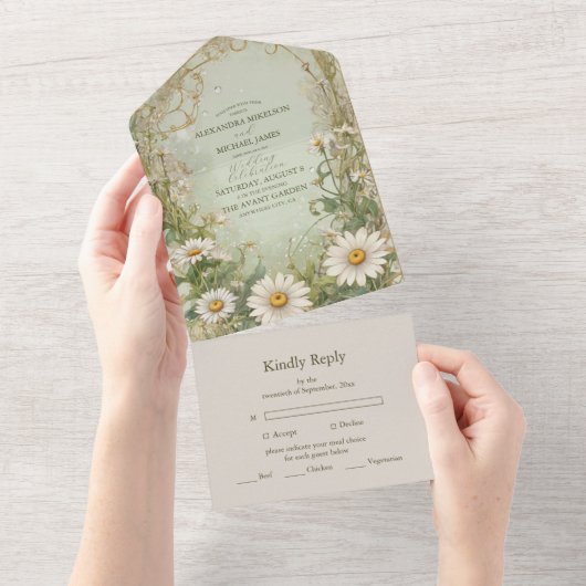 Marguerite Daisy Dusty Wedding All In One Uitnodiging (Afscheurbaar)