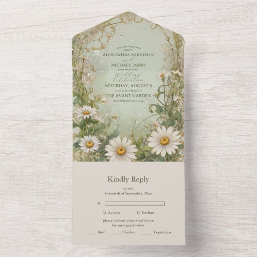 Marguerite Daisy Dusty Wedding All In One Uitnodiging (Binnen)