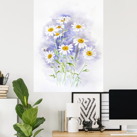Marguerite madeliefje handgeschilderde waterverf poster (Thuiskantoor)
