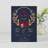 margundy & goudflorale marineblauw save the date (Staand voorkant)