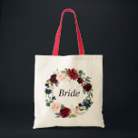 margundy navy floral bride tote bag<br><div class="desc">Een mooie canvas tas van de florale bride. Het heeft een woesteloze,  bloedige,  met waterverf rozen,  en je kunt de tekst en kleuren personaliseren.</div>