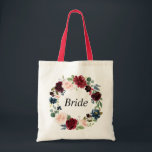 margundy navy floral bride tote bag<br><div class="desc">Een mooie canvas tas van de florale bride. Het heeft een woesteloze,  bloedige,  met waterverf rozen,  en je kunt de tekst en kleuren personaliseren.</div>