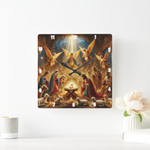 Maria en Jozef houden teder van baby Vierkante Klok