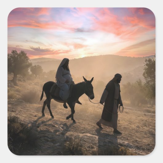 Maria en Jozef reizen naar Bethlehem Vierkante Sticker (Voorkant)