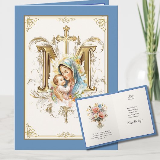 Maria Jezus Bloemgeschrift Blauw Goud Kaart
