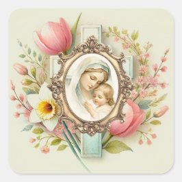 Maria Jezus Bloemkruis Religieus Lentefeest Vierkante Sticker