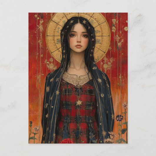 Maria met rode en gouden achtergrond briefkaart (Voorkant)