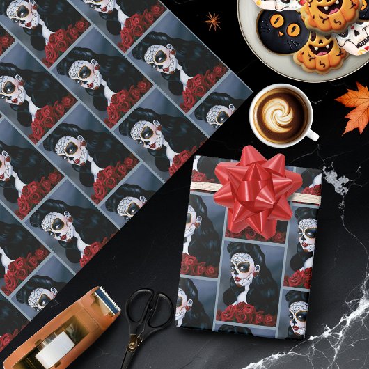 Maria Sugar Skull Red Roses Cadeaupapier