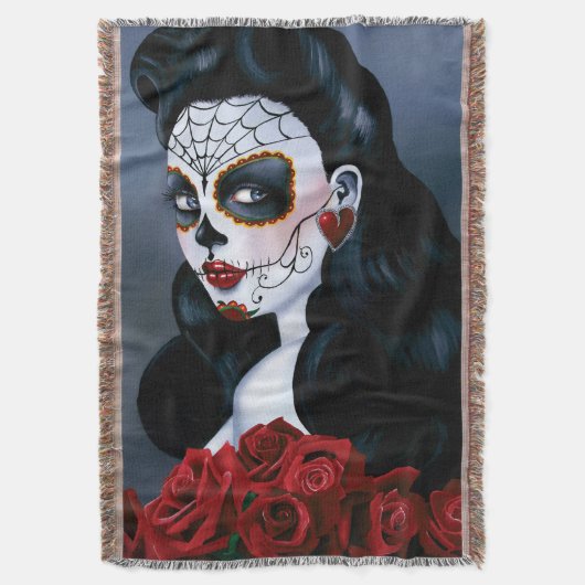 Maria Sugar Skull Red Roses Deken (Voorkant Verticaal)
