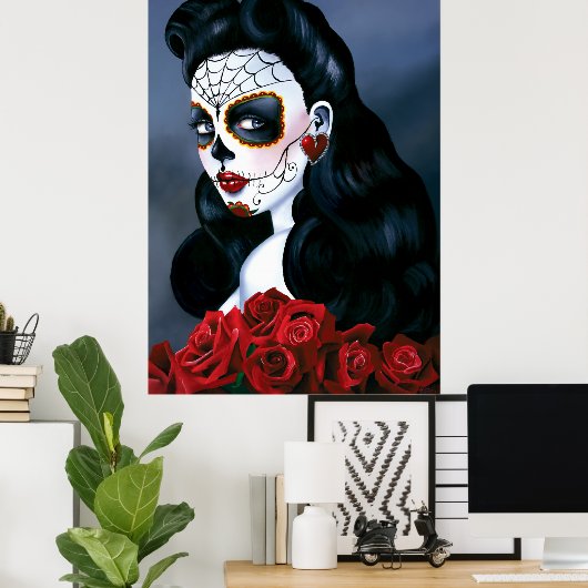 Maria Sugar Skull Red Roses Poster (Thuiskantoor)